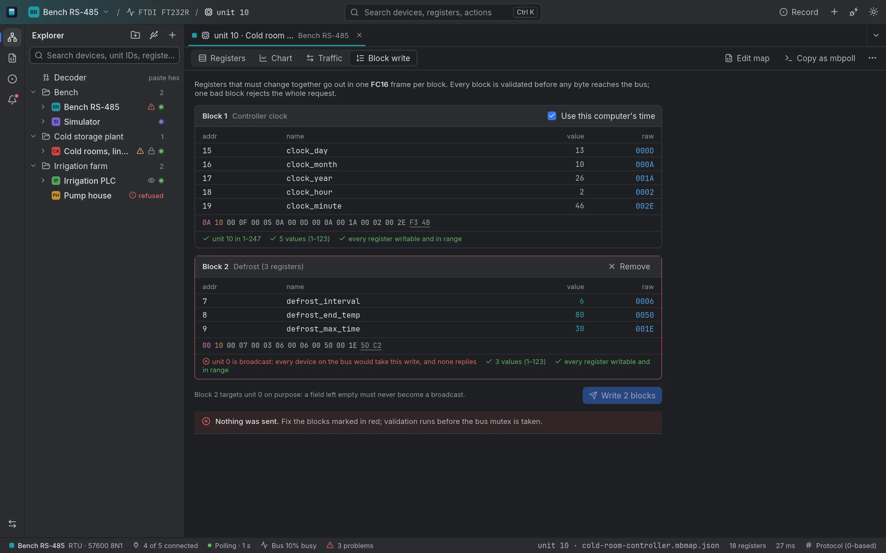 Block writes on unit 10: a controller clock block of five registers ready to go out in one FC16 frame with every check passed, and a second block refused because it targets unit 0, the broadcast address, with a message that nothing was sent.