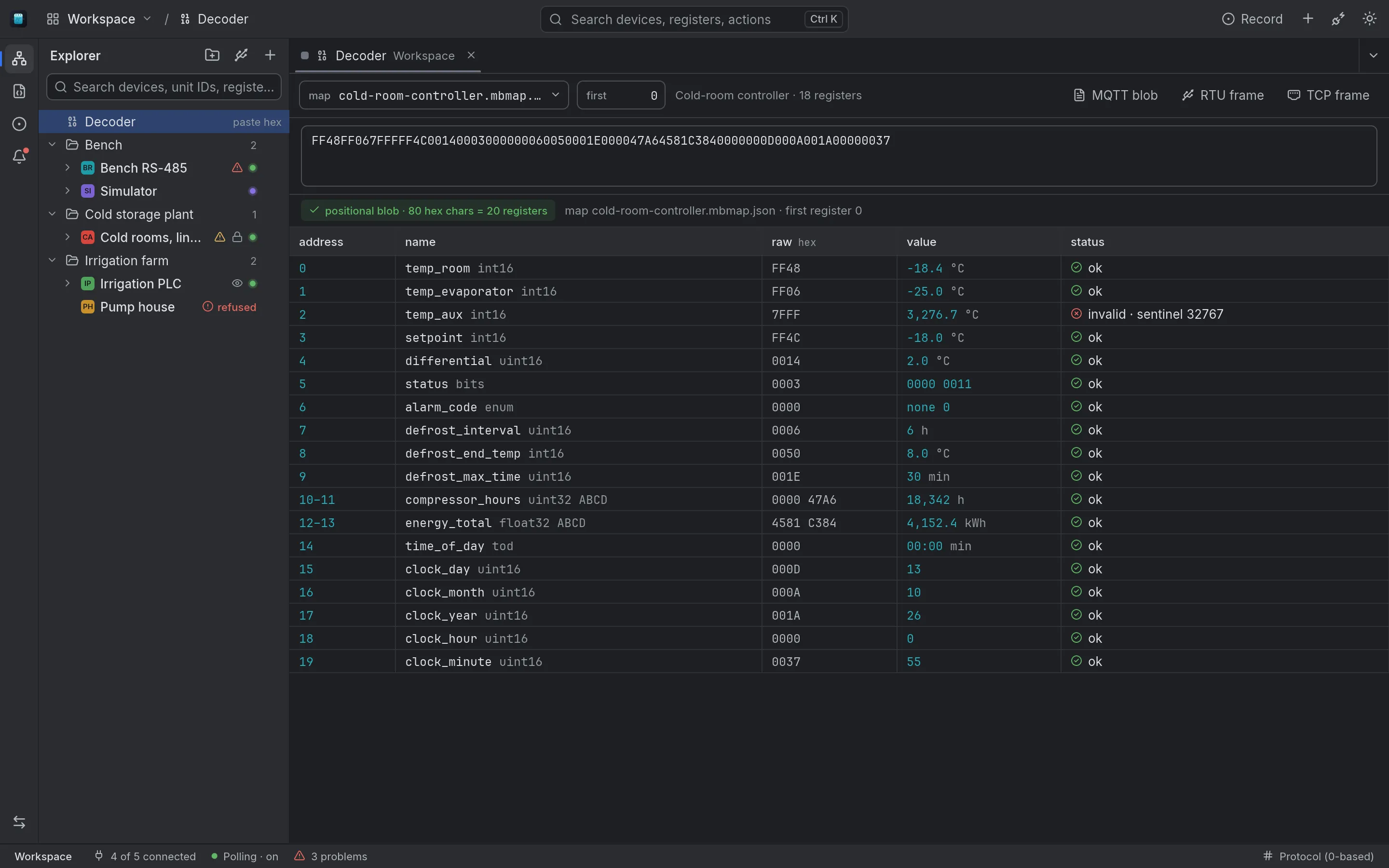 The decoder turning a hex blob of 80 characters into 20 registers of the cold-room controller map, each with its raw word, decoded value and status, with temp_aux flagged invalid because it holds the sentinel 32767.