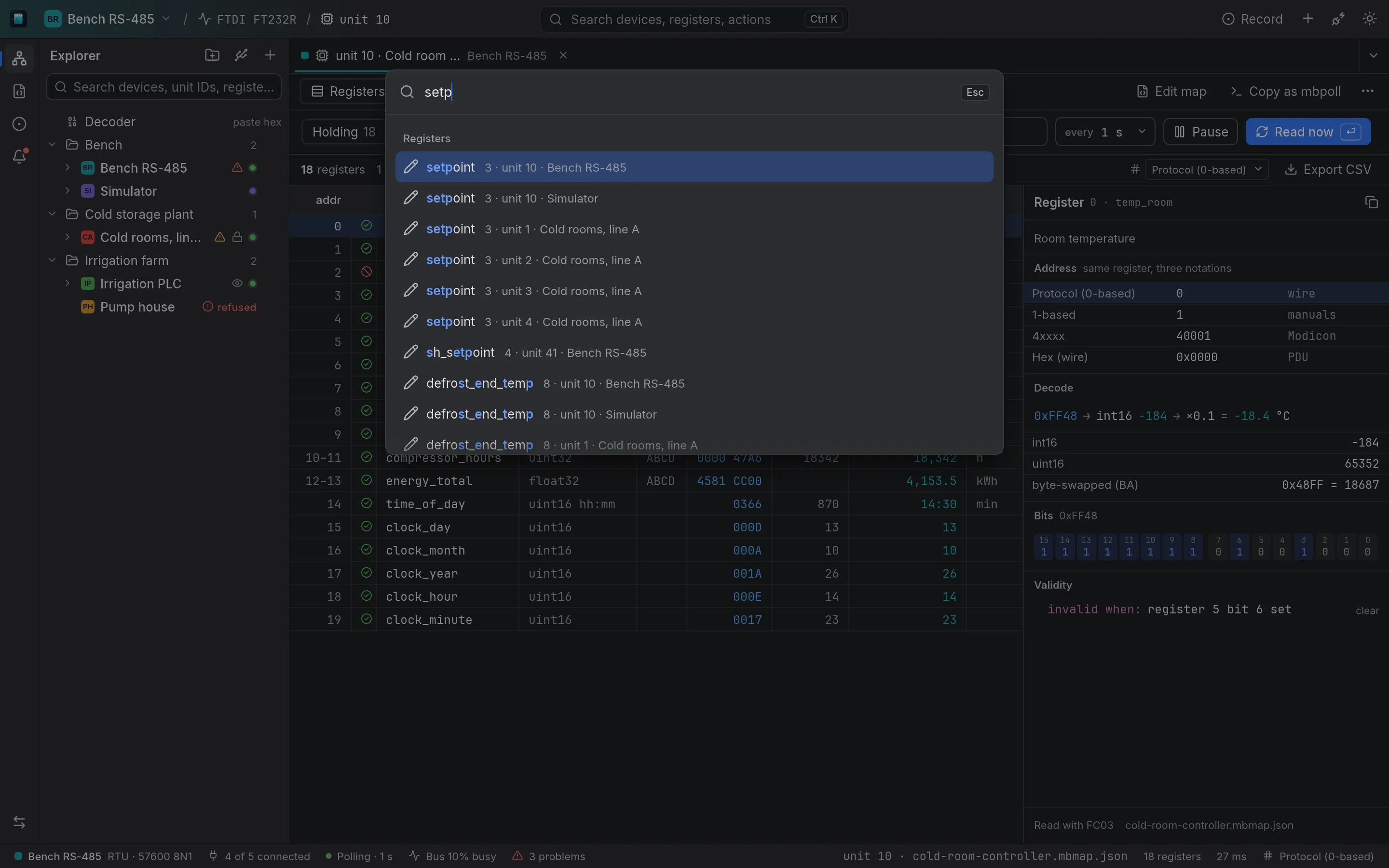 The command palette open over a device, with “setp” typed and the setpoint register of every device that has one listed by unit and connection.