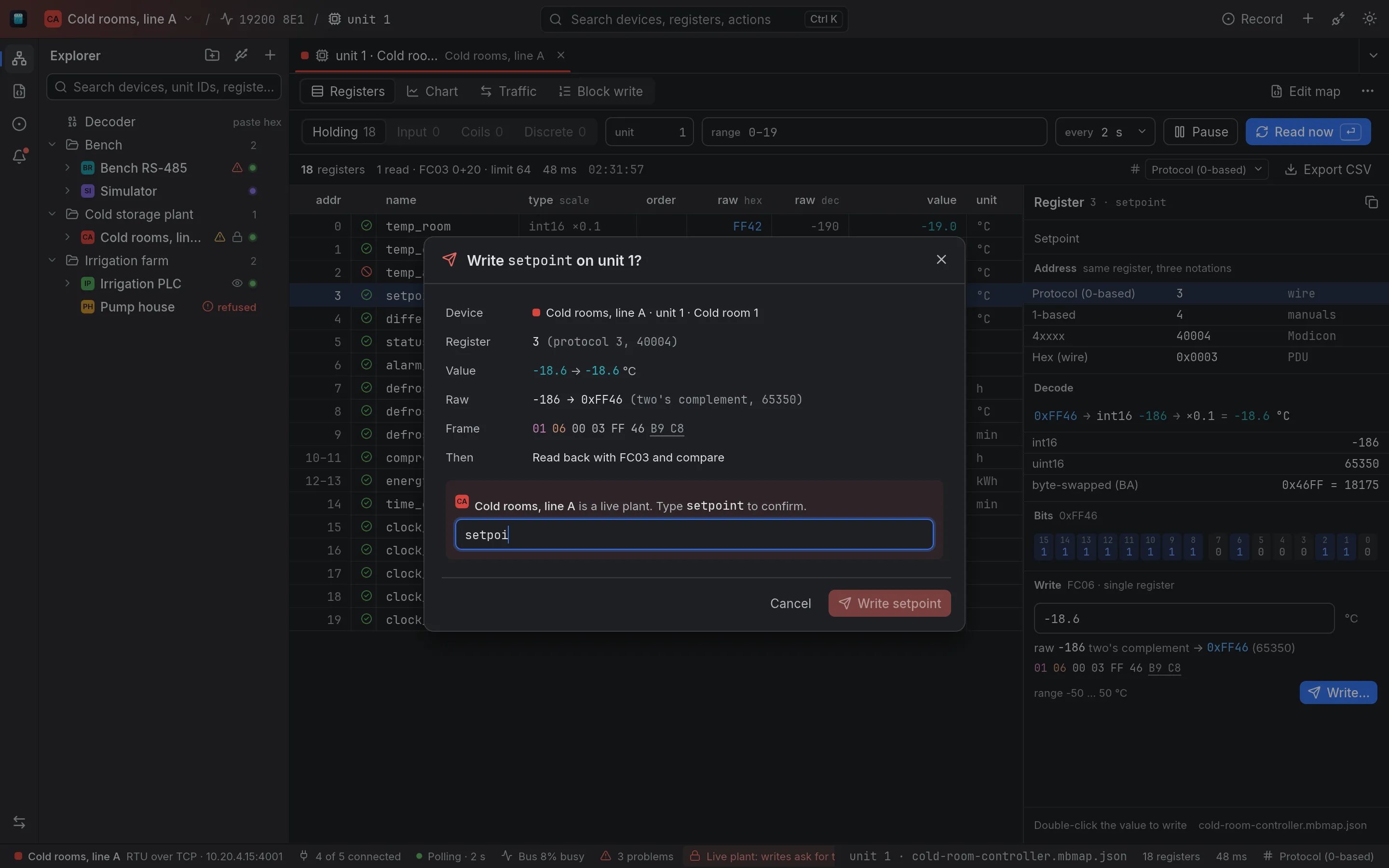 A write on Cold rooms, line A, a live plant reached over RTU over TCP: the dialog to write setpoint on unit 1 shows the register in its notations, the new value -18.6 °C, the raw value -186 as 0xFF46 in two's complement, the frame it will send and the read-back that follows, and waits for the register's name to be typed before the Write setpoint button works.